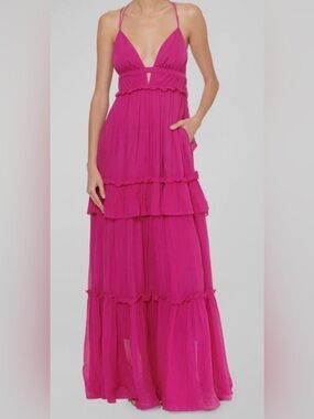 $485 Cami NYC Women's Purple Crisscross Tiered Silk Chiffon Halter Dress Size 8